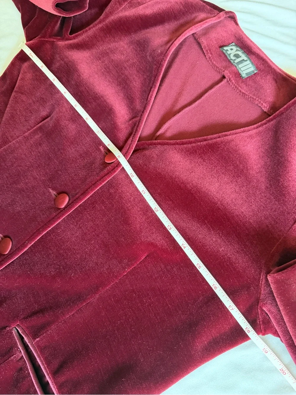 Vintage 80s Act III Burgundy Wine Velvet 4 Button Collarless Blazer Union Made